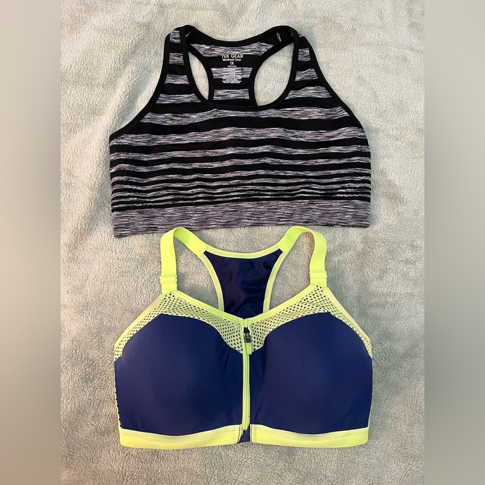 SOLD Blue & Chartreuse WACOAL Front Zip Sports Bra Size 36 DDD, Tek Gear B/W 1X